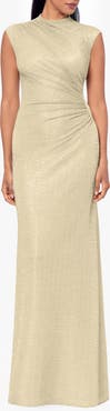 Betsy & Adam Ruched Sleeveless Crinkled Metallic Column Gown