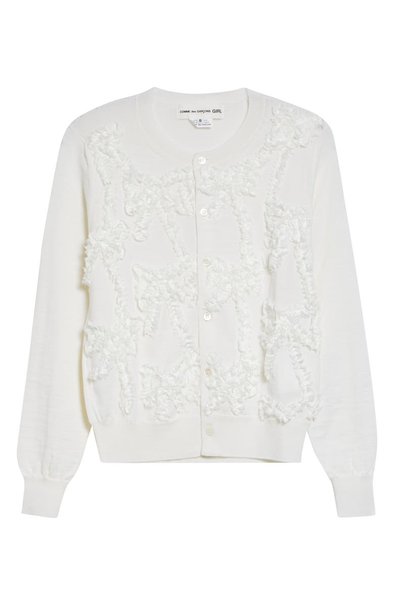 Comme des Garçons Girl Ribbon Ruffle Wool Cardigan, Main, color, White