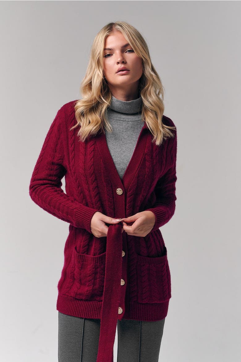 Cable-Knit Cashmere Belted Cardigan, Alternate, color, Burgundy