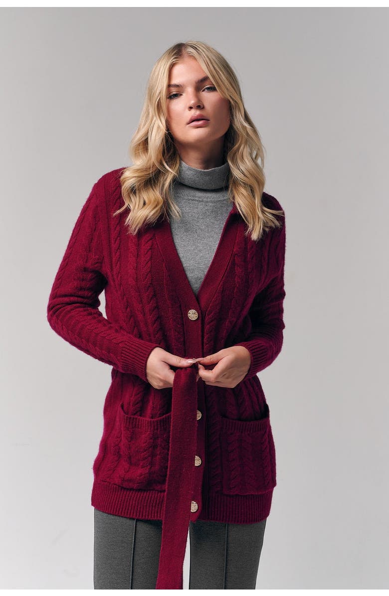 Le Fafo Cable-Knit Cashmere Belted Cardigan, Alternate, color, Burgundy