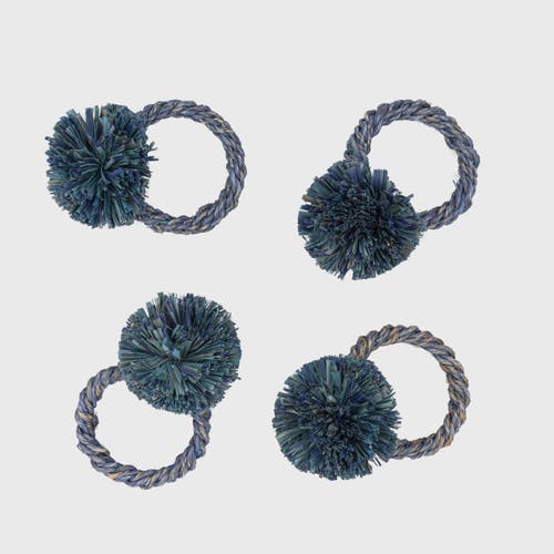 Joanna Buchanan Straw Pompom Napkin Rings, Set Of Four In Blue