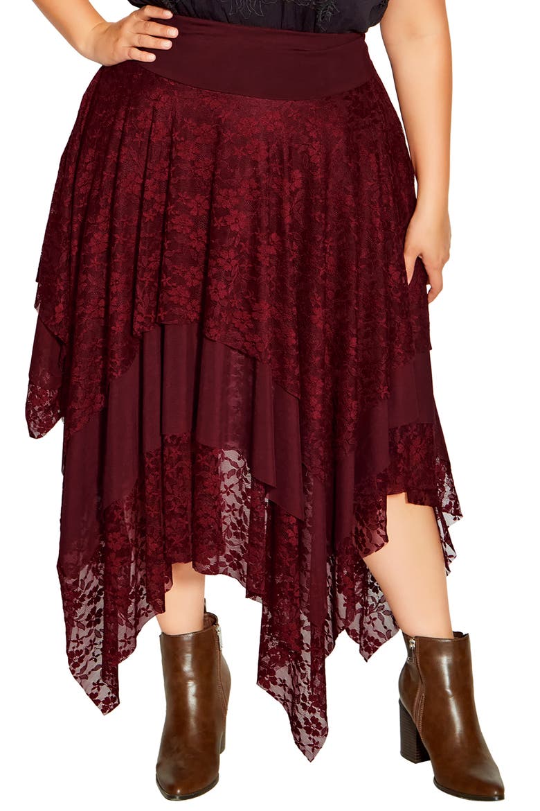 Elizabeth Handkerchief Hem Lace Maxi Skirt, Main, color, RUBY