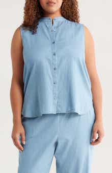 Eileen Fisher Sleeveless Band Collar Chambray Button-Up Shirt