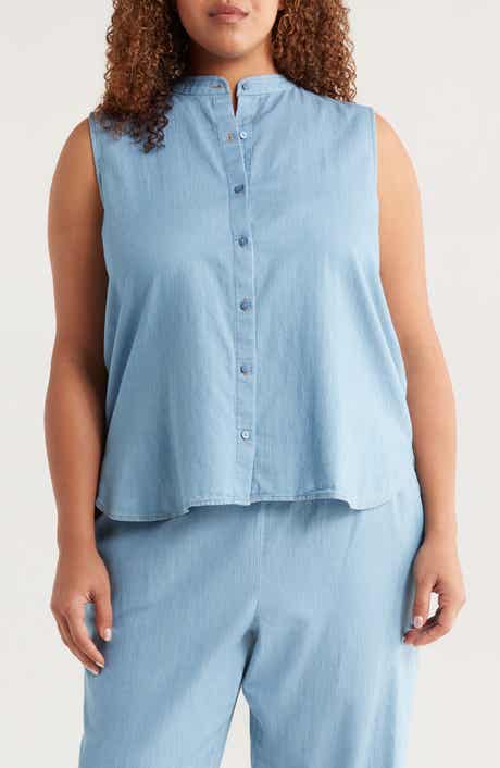 Eileen Fisher Sleeveless Band Collar Chambray Button-Up Shirt