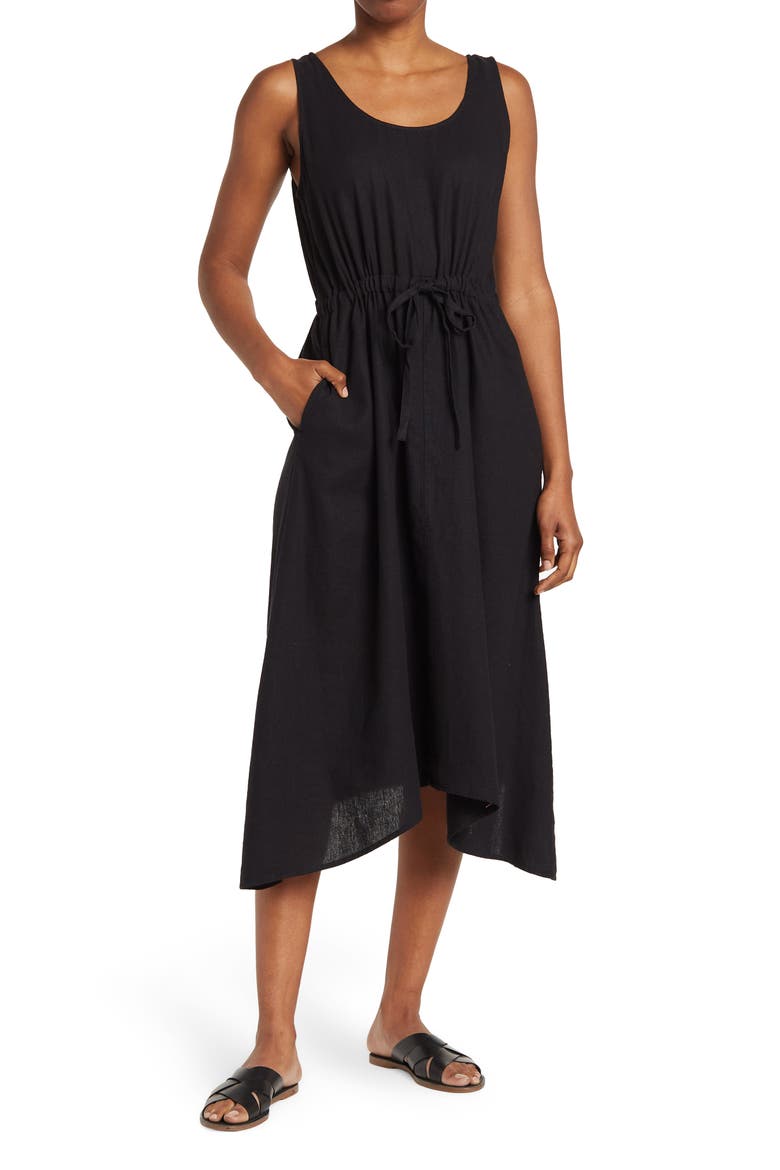 Drawstring Waist Linen Blend Midi Dress, Main, color, BLACK