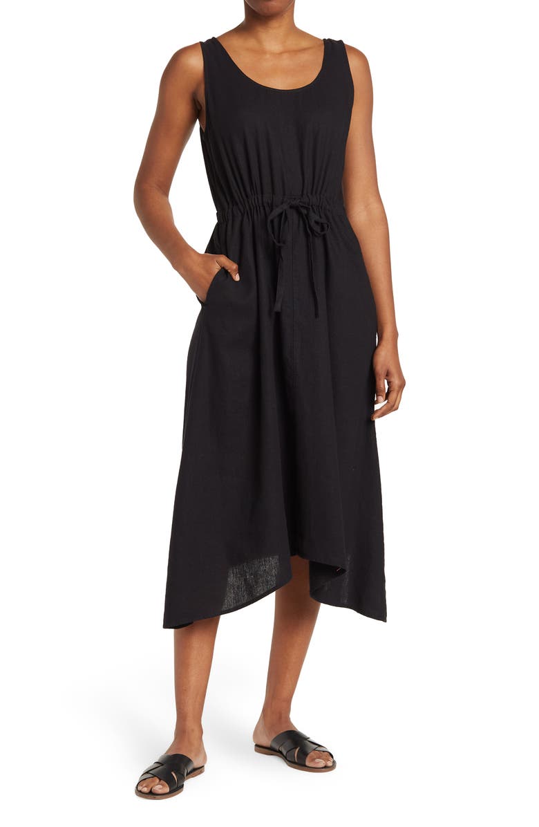 NORDSTROM RACK Drawstring Waist Linen Blend Midi Dress, Main, color,