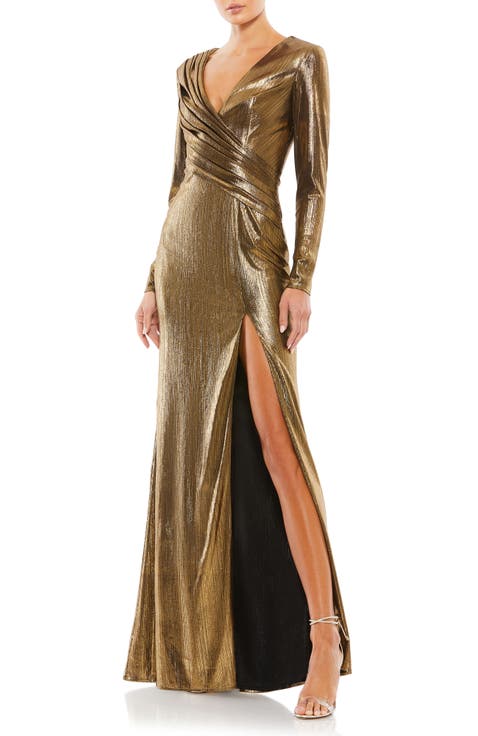 Metallic Long Sleeve Asymmetrical Ruched Gown