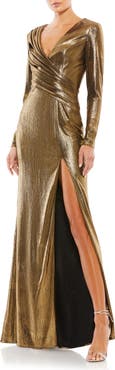 Mac Duggal Metallic Long Sleeve Asymmetrical Ruched Gown