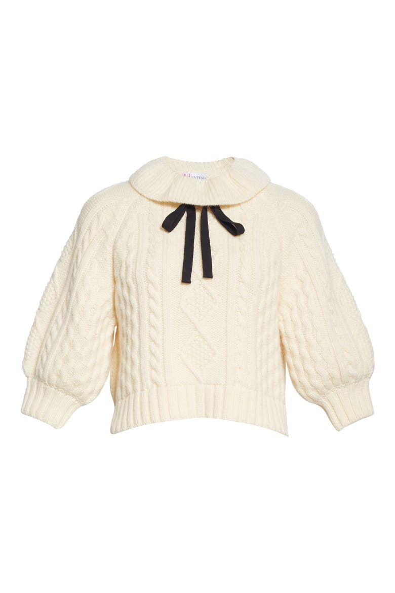 Ribbon Tie Cable Knit Wool Sweater, Alternate, color, IVORY