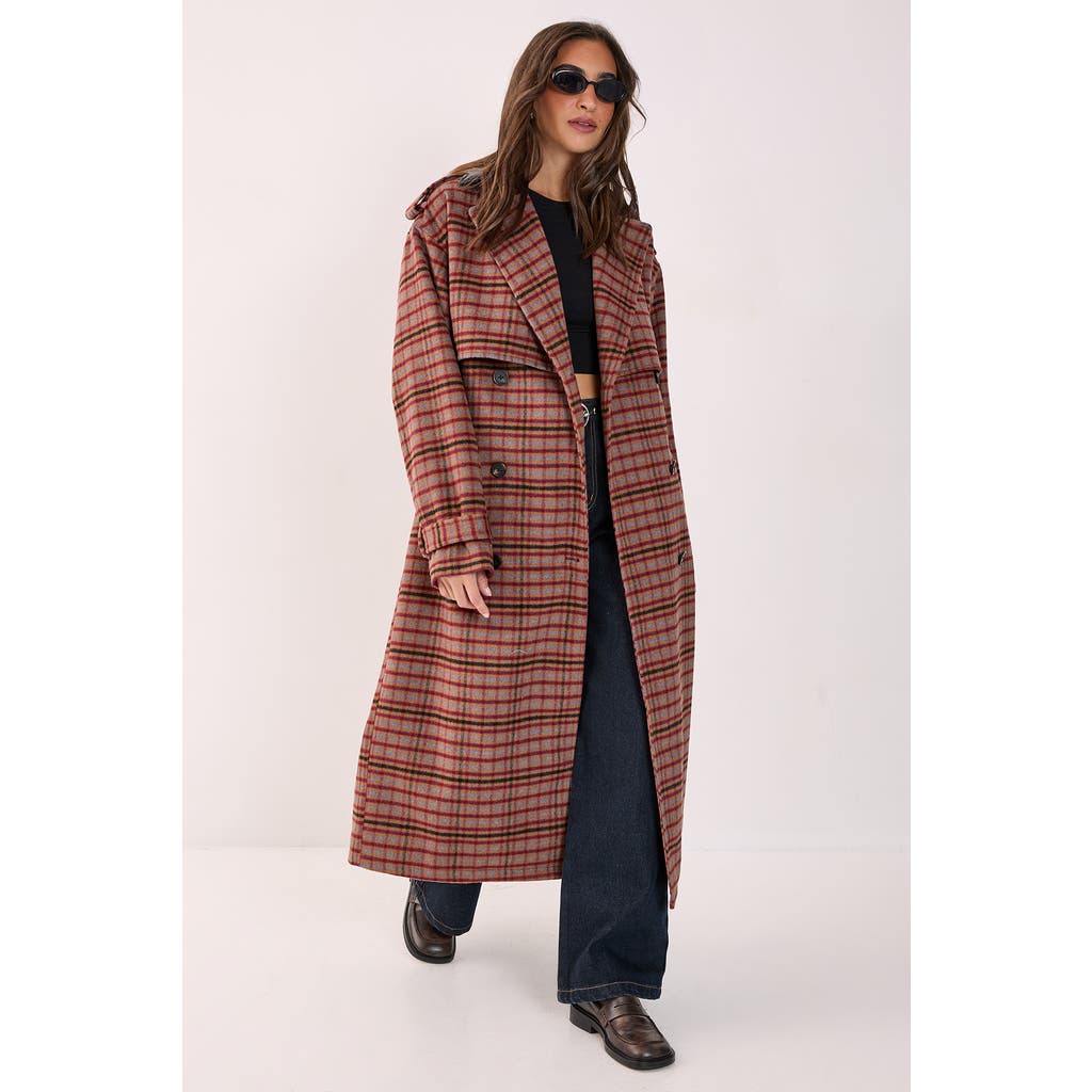 Nasty Gal Check Vinyl Collar Trench Coat In Brown