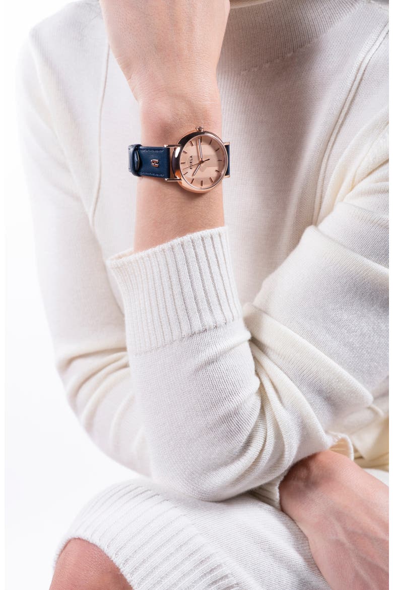 Easy Shape Leather Strap Watch, 38mm, Alternate, color, ROSE GOLD/ ROSE GOLD/ BLUE