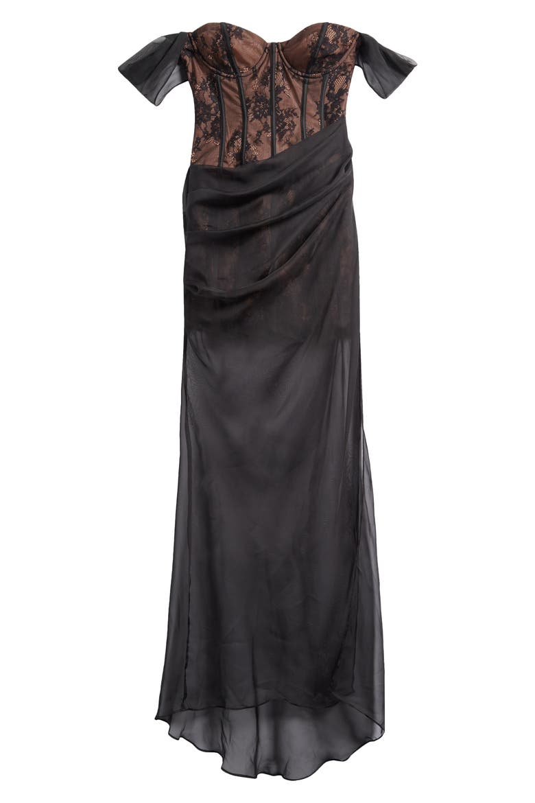 Debutante Off the Shoulder Mixed Media Gown, Alternate, color, BLACK