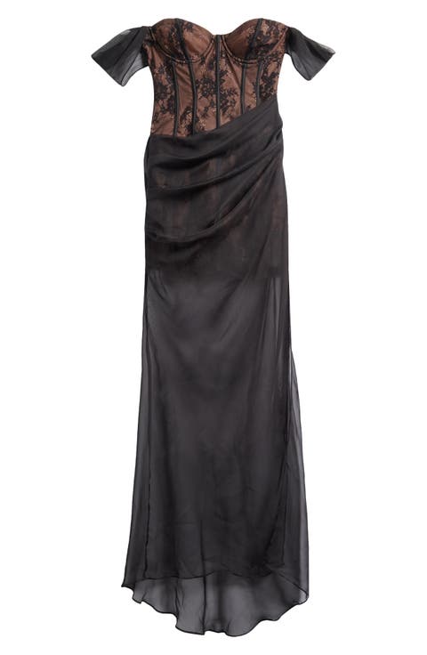 Debutante Off the Shoulder Mixed Media Gown