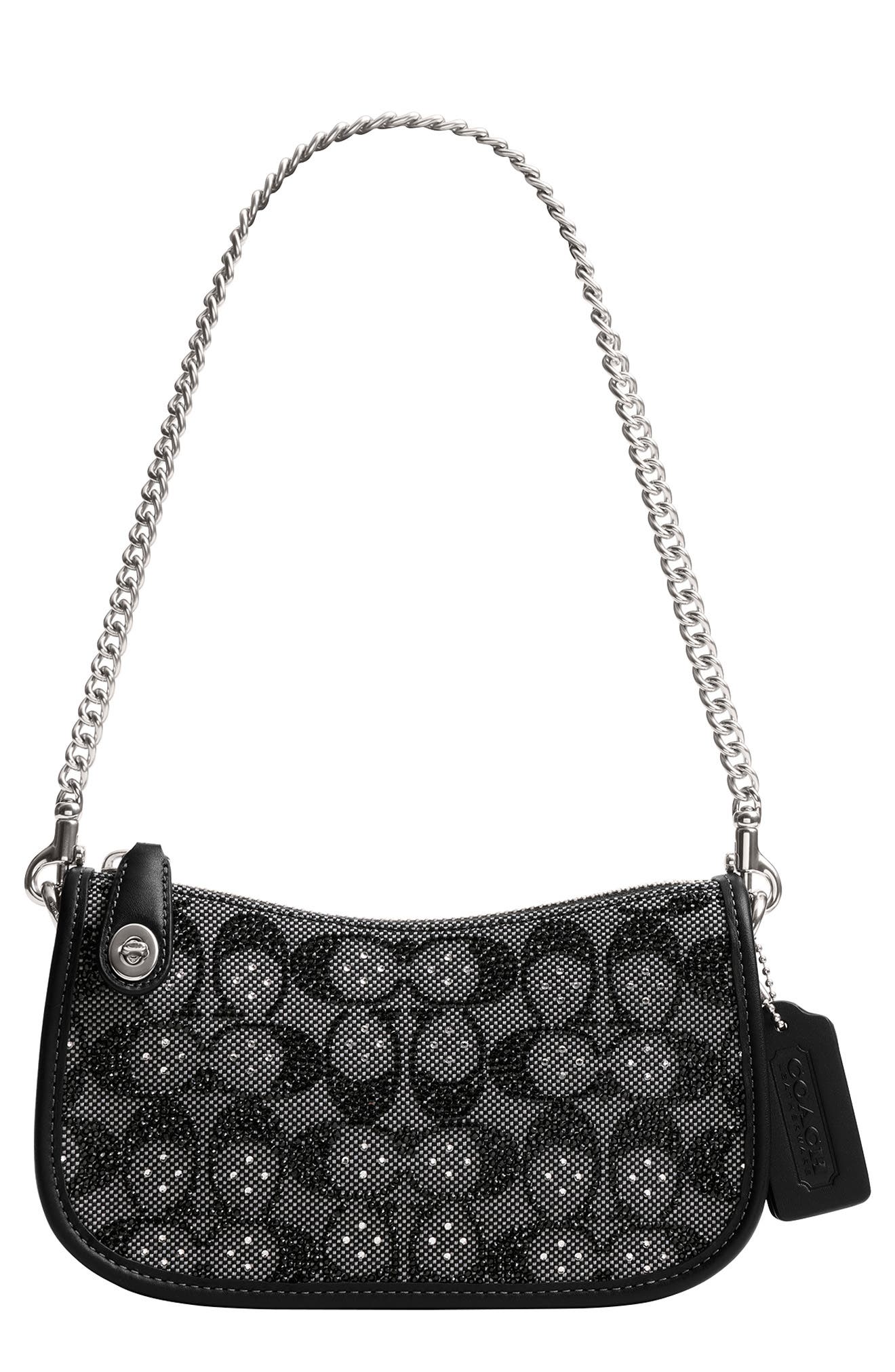 COACH Swinger Crystal Signature Jacquard & Leather Shoulder Bag, Main, color, 