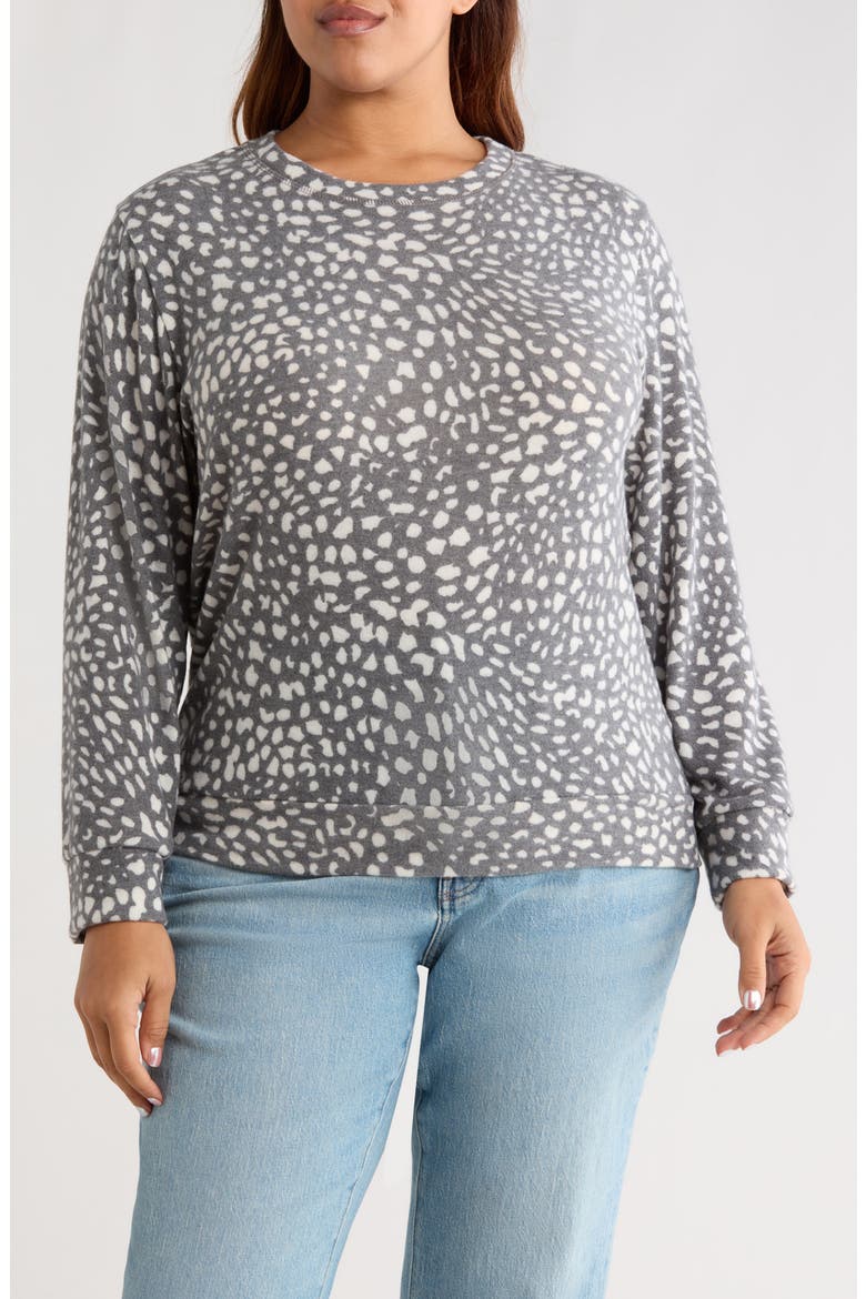 Brushed Animal Print Long Sleeve Crewneck Top, Main, color, CHARCOAL/ IVORY