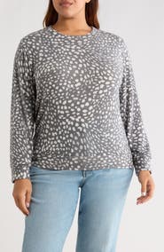 Loveappella Brushed Animal Print Long Sleeve Crewneck Top