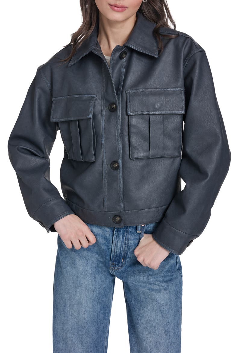 Faux Leather Shirt Jacket, Main, color, DARK WASH DENIM
