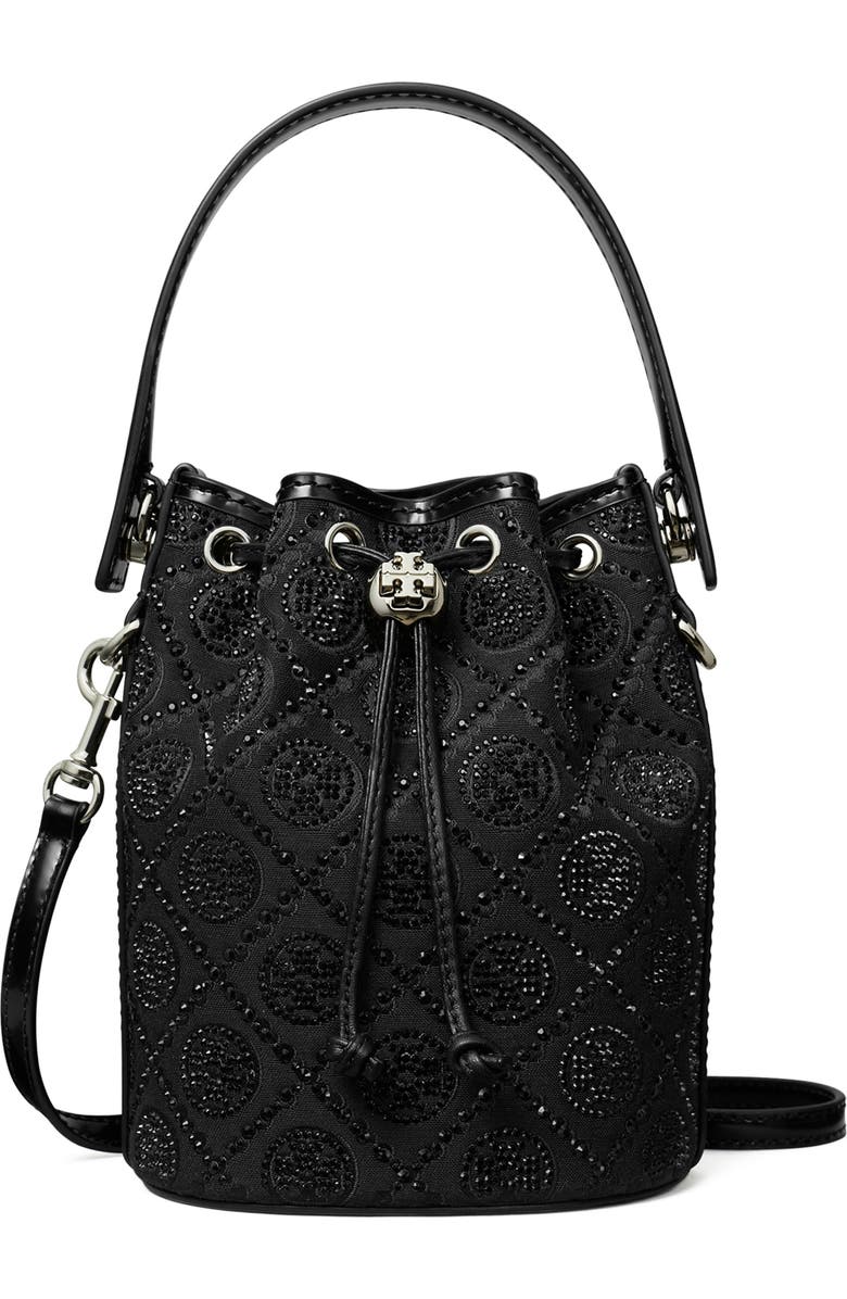 Tory Burch Mini T Monogram Hot Fix Bucket Bag, Main, color, Black