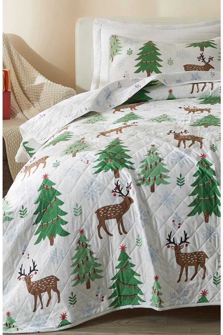 Holiday Theme Reversible Quilt & Sham Set, Alternate, color, DEER / TREES / SNOW