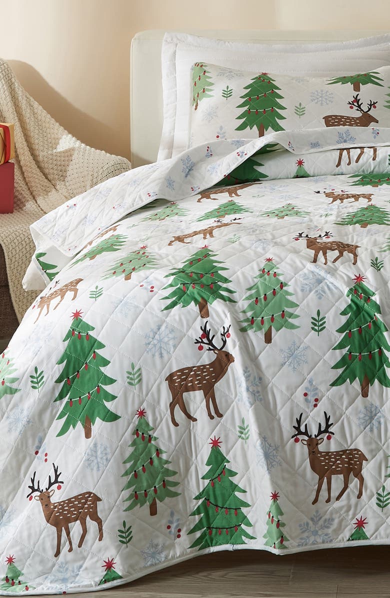 Woven & Weft Holiday Theme Reversible Quilt & Sham Set, Alternate, color, Deer / Trees / Snow