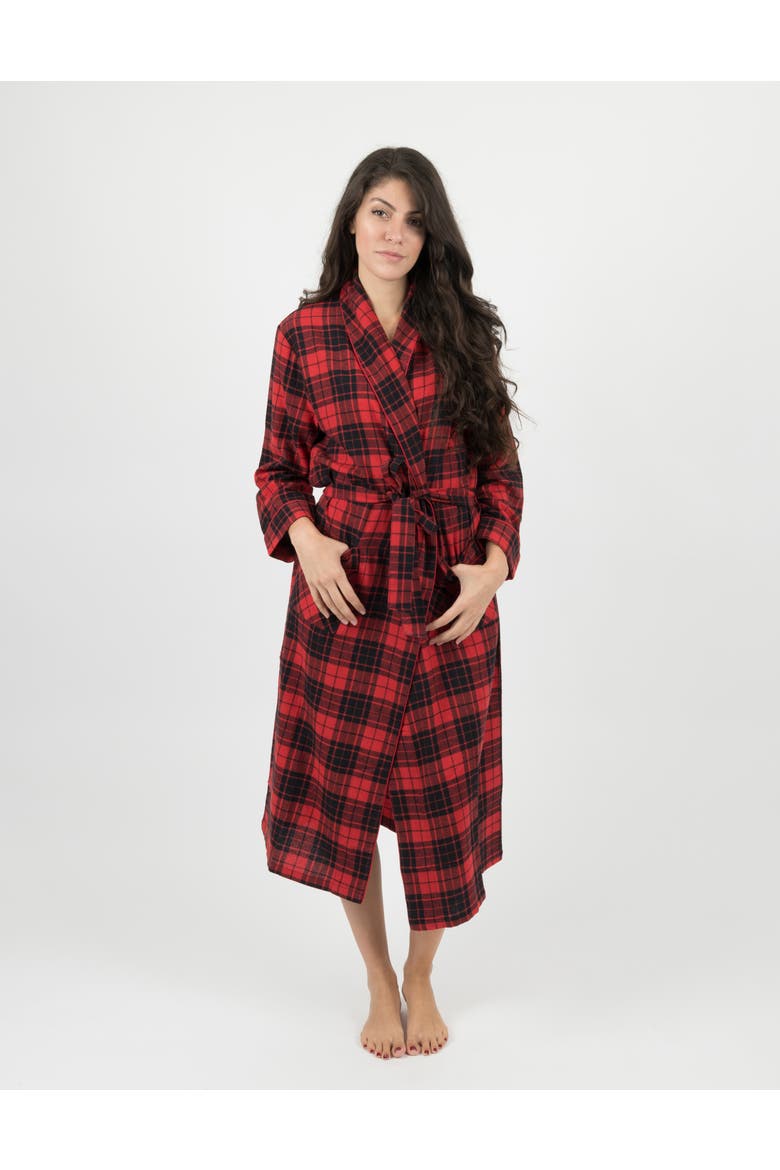 Women's Flannel Robe, 100% Cotton, Main, color, Plaid Black & Red