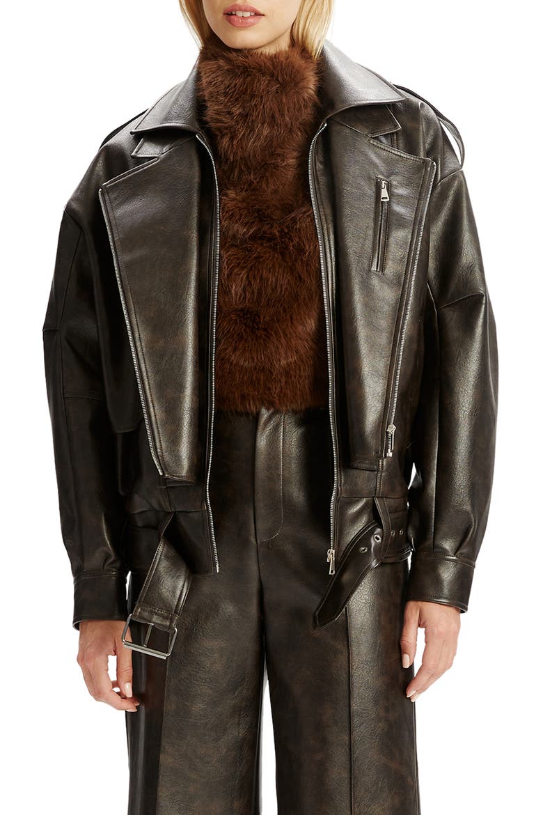 Kavi Oversize Faux Leather Moto Jacket, Main, color, DARK CHOCO