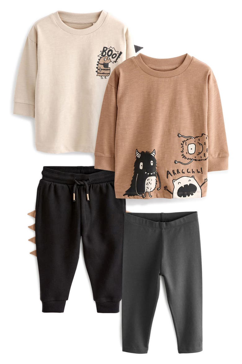 Kids' Assorted 4-Pack Monster Long Sleeve Graphic T-Shirt, Joggers & Leggings Set, Main, color, BROWN