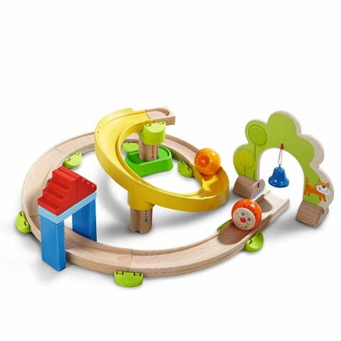 Ball Run - Kullerbu Spiral Track, 26 Piece Wood & Plastic Marble Run Set with Wild Curves & Bell for Kids 2-8, STEM Toy Marble Maze Building Set