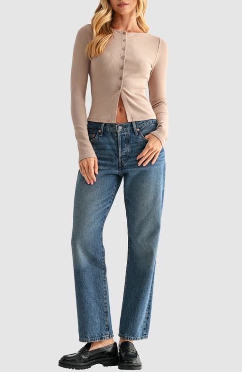Lush Long Sleeve Button Front Crop Top In Neutral