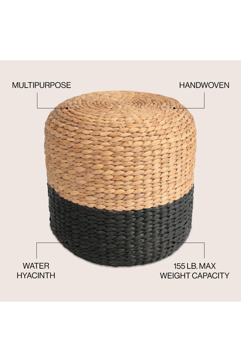 Aimee Bohemian Handwoven Water Hyacinth Round Floor Pouf Ottoman Accent Seat and Footstool for Living Room, Alternate, color, Black/Natural