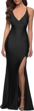 La Femme V Neck Jersey Fitted Prom Dress with Tie Up Back