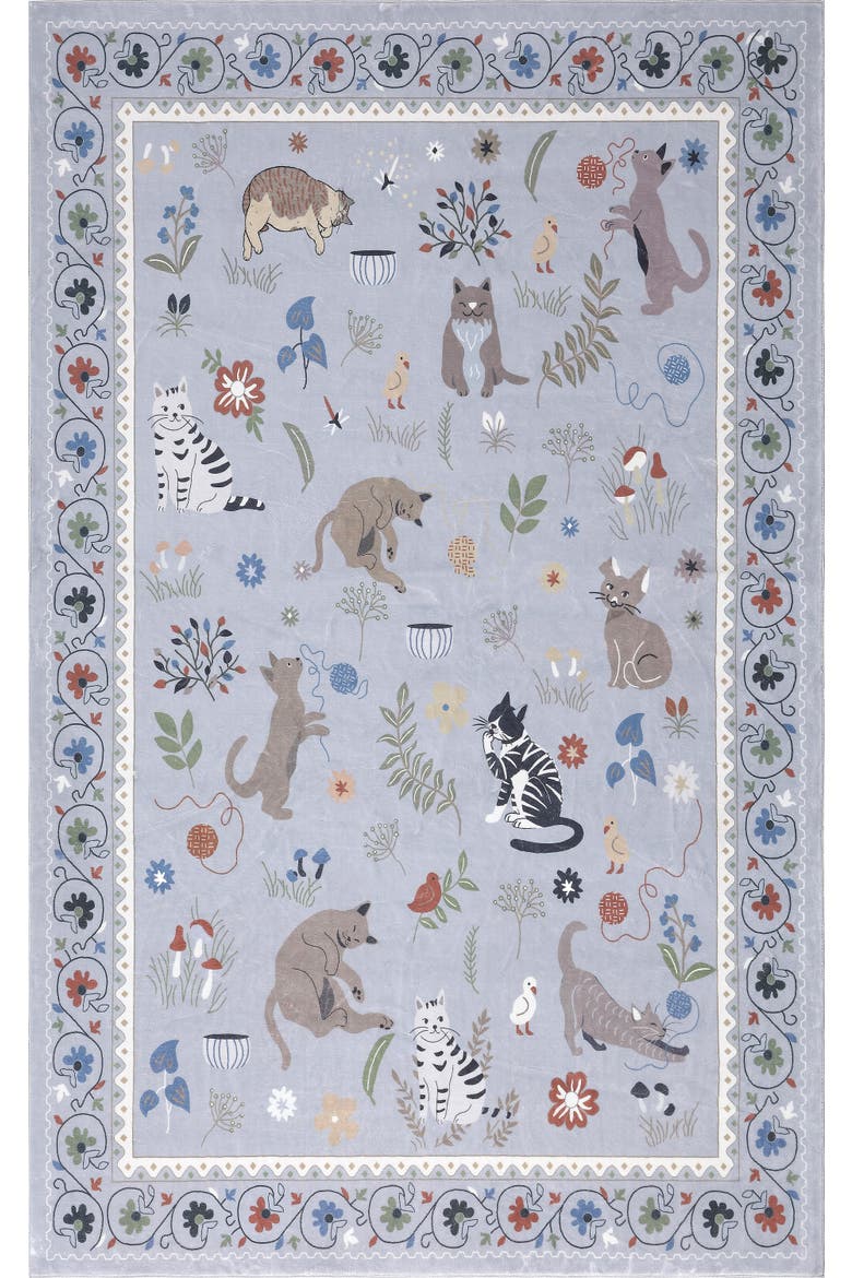 Catmosphere Festive Feline Floral Border Non-Slip Machine-Washable Rug, Alternate, color, Gray