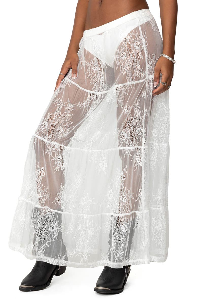 EDIKTED Tiered Sheer Lace Maxi Skirt, Alternate, color, White