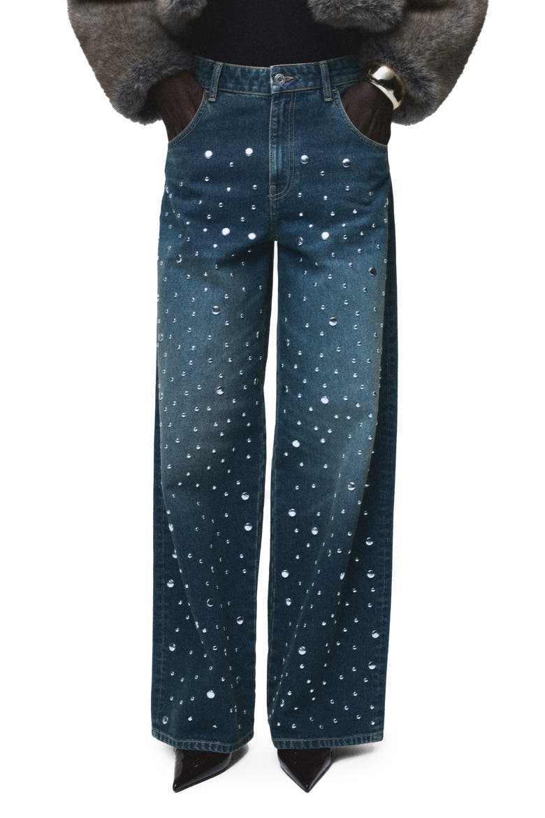 Stud Accent Straight Leg Jeans, Main, color, DARK BLUE