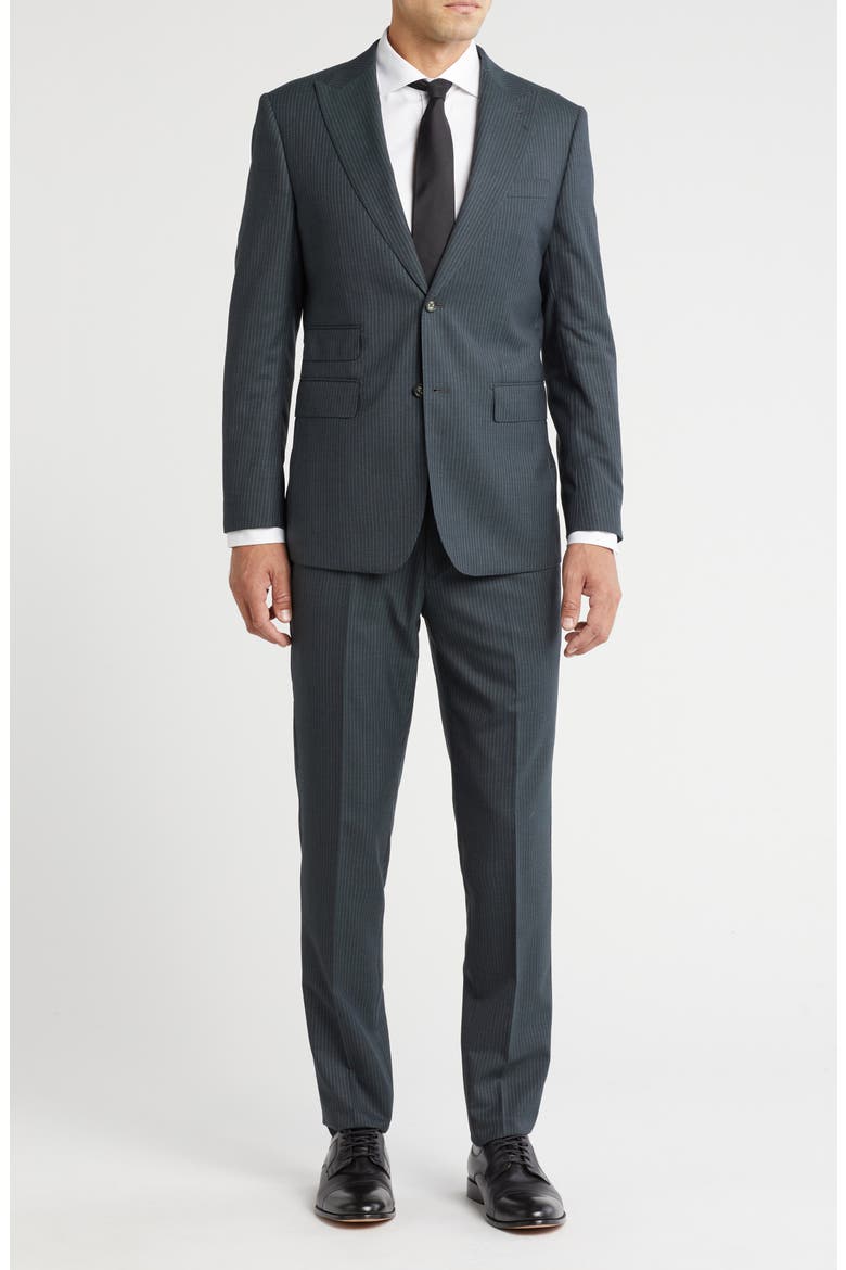 Stripe Trim Fit Peak Lapel Wool Blend Two-Piece Suit, Main, color, BLACK OLIVE