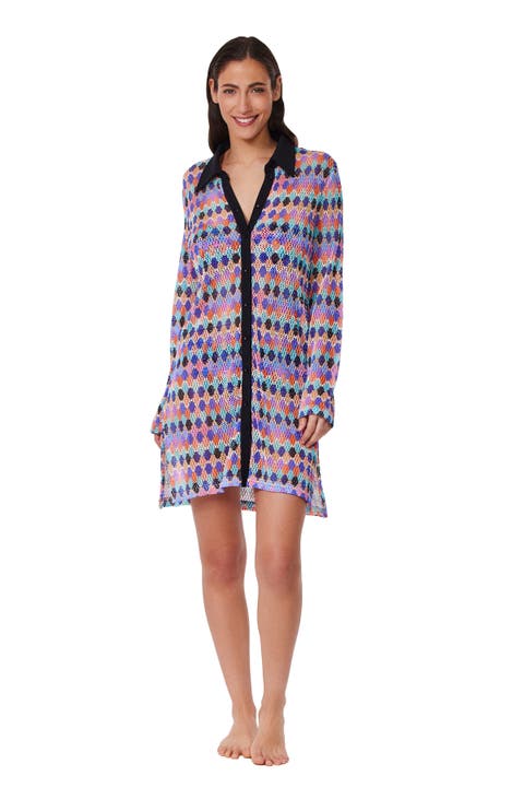 Retro Riviera Netted Crochet Buttoned Tunic Cover-Up