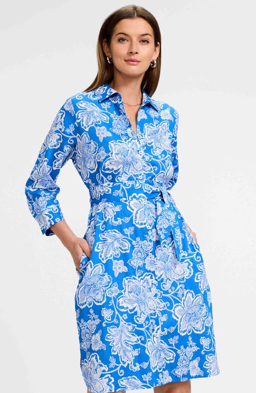 Foxcroft Rocca Floral Print Belted Shirtdress In Cobalt Blue
