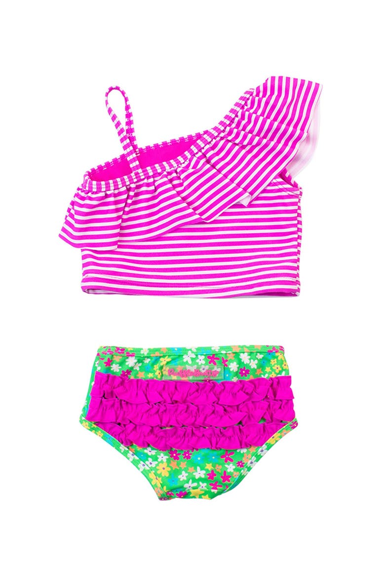 Girls One Shoulder Ruffle Tankini, Alternate, color, Neon Floral