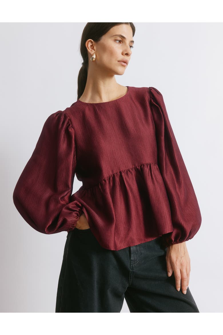 Crinkle Long Sleeve Satin Top, Main, color, Burgundy