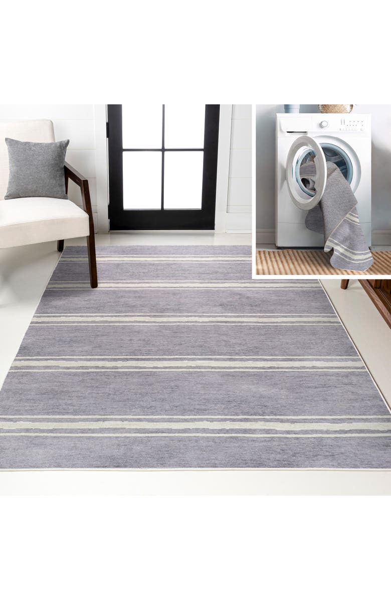 JONATHAN Y Bande Distressed Ticking Stripe Machine-Washable Area Rug, Main, color, Lavender/Ivory