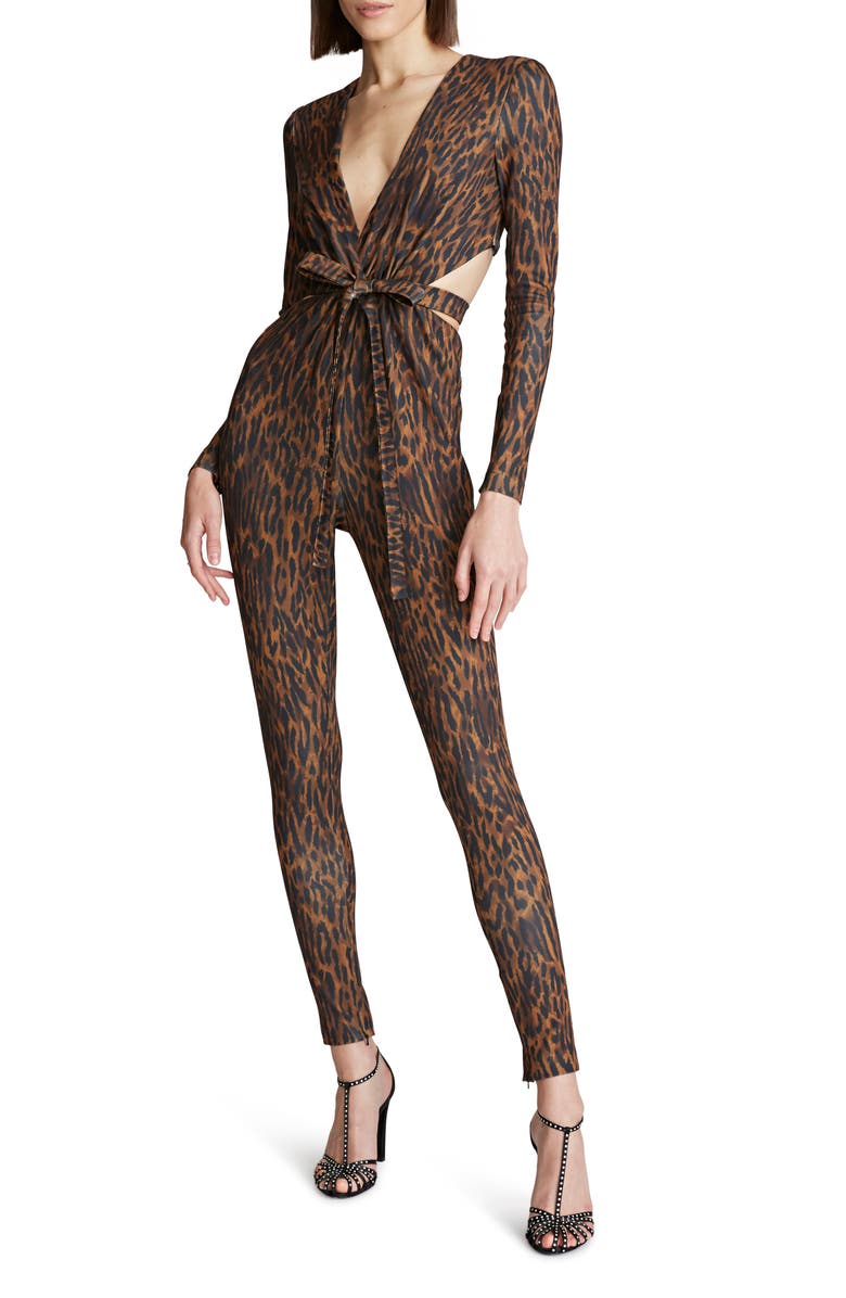 HALSTON EVENING Jada Leopard Scuba Cutout Jumpsuit, Main, color, 