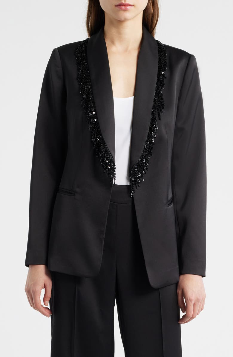 Elie Tahari The Gina Sequin Fringe Blazer, Main, color, Noir