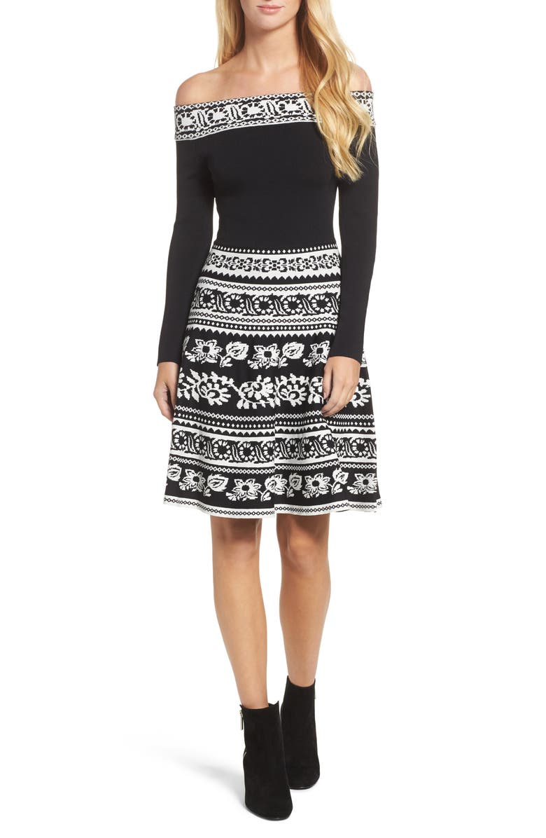 Eliza J Pattern Off the Shoulder A-Line Knit Dress, Main, color,