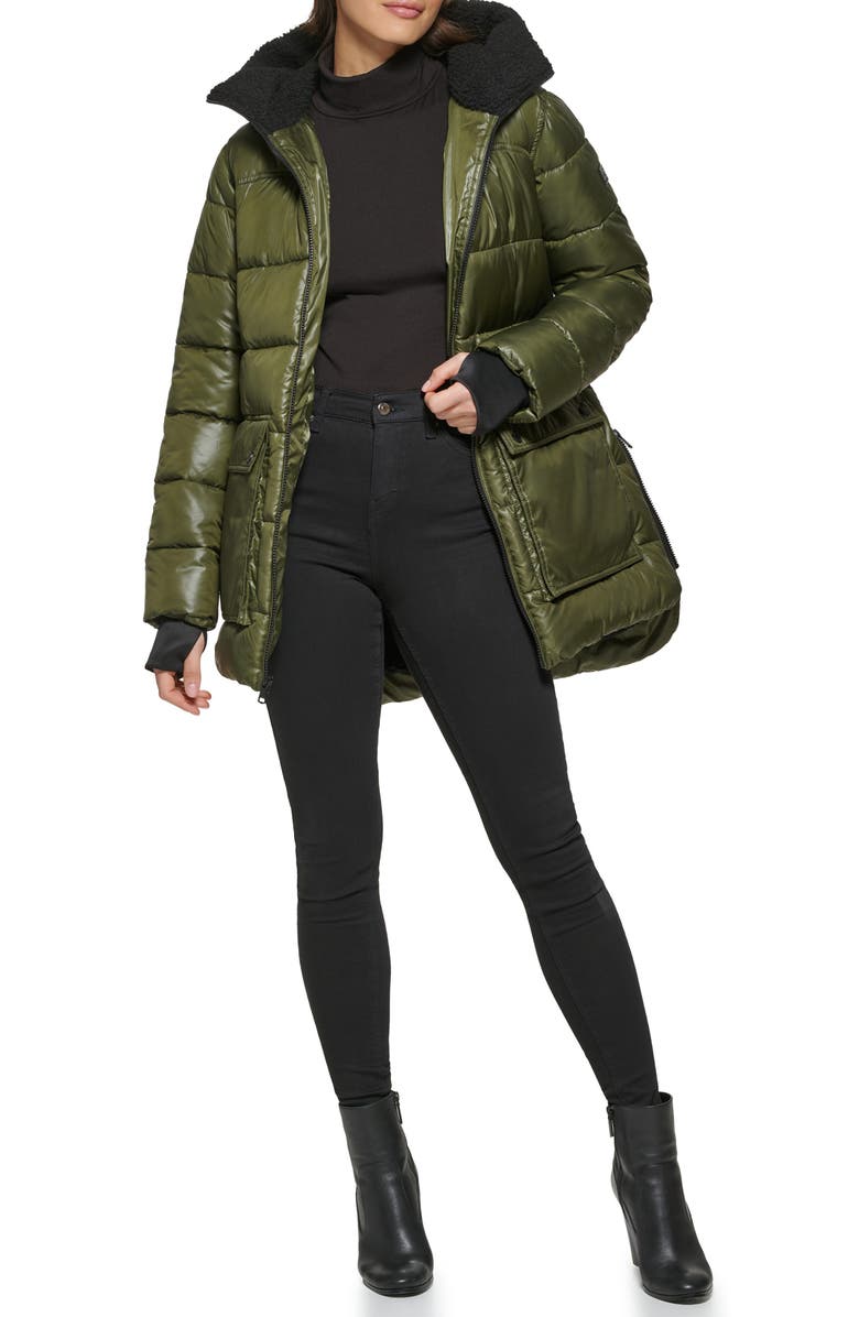 Kenneth Cole New York Faux Shearling Lined Hood Channel Quilted Puffer Parka Jacket, Alternate, color, Loden
