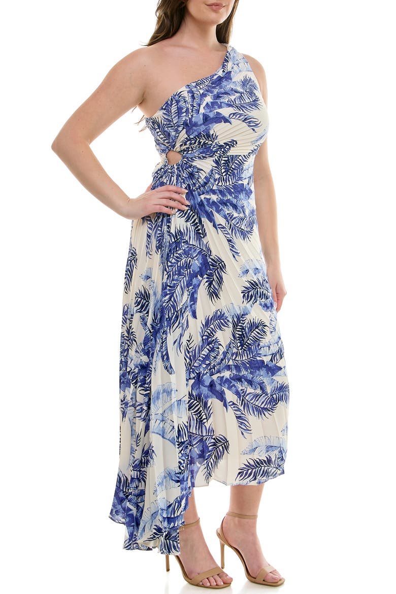 One Shoulder Pleat Dress, Alternate, color, NAVY PRINT