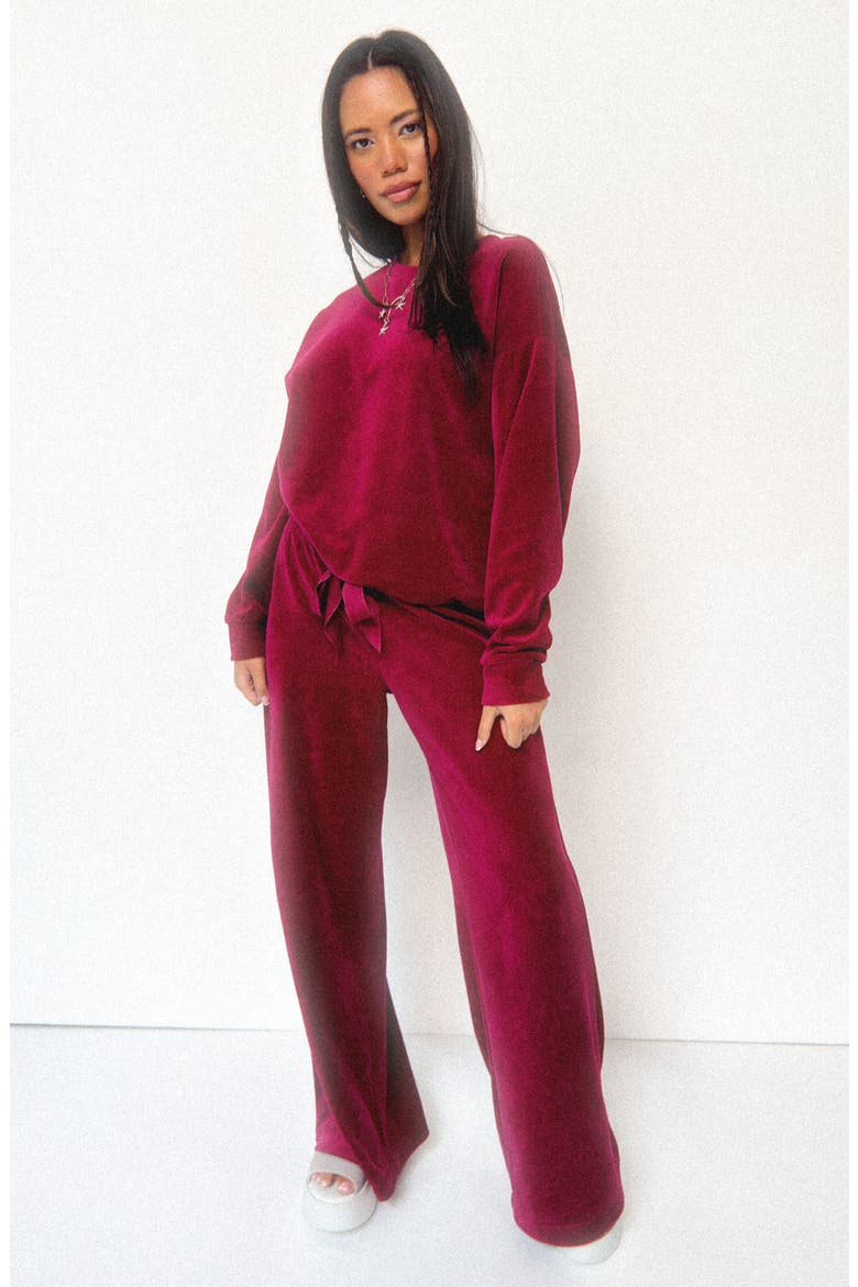 Crewneck Velour Sweatshirt, Alternate, color, BING CHERRY
