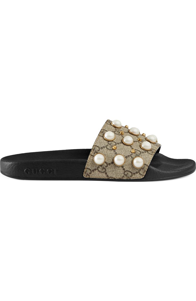 Gucci Pursuit Imitation Pearl Embellished Slide Sandal, Main, color,
