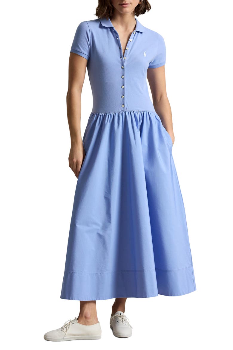 Polo Bodice Mixed Media Midi Dress, Main, color, DRESS SHIRT BLUE