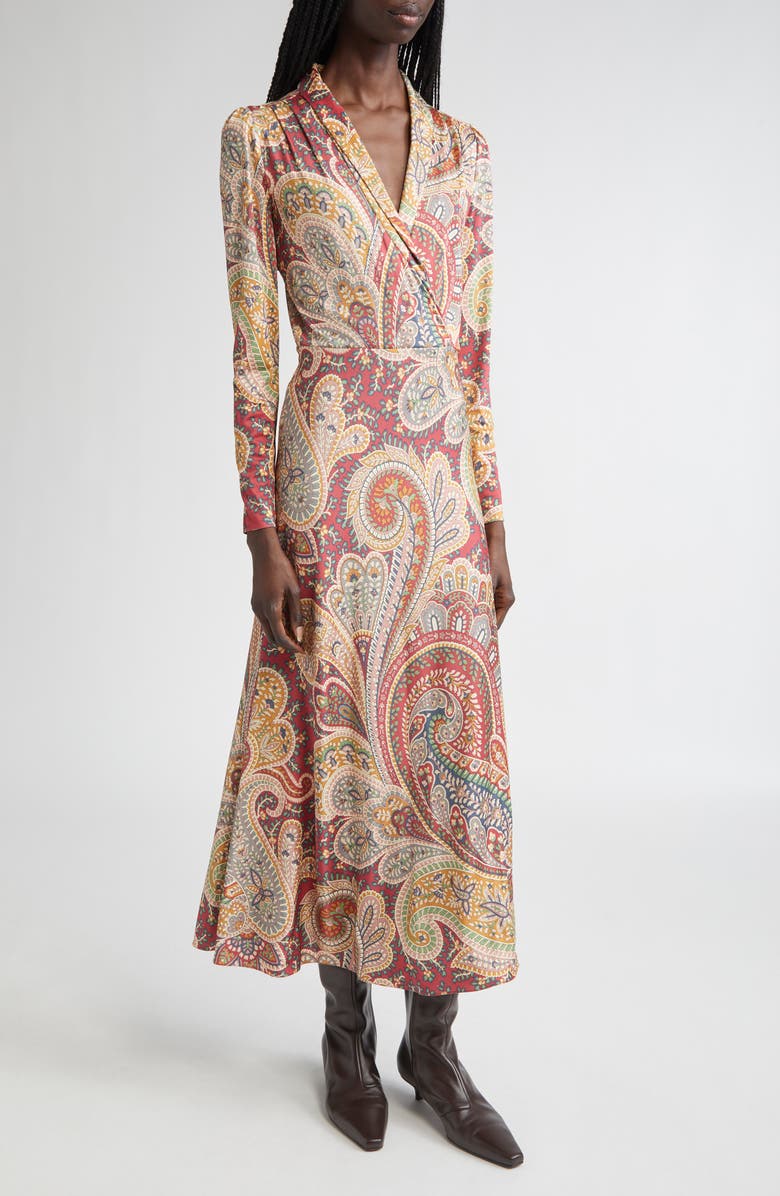 Etro Paisley Print Long Sleeve Faux Wrap Jersey Dress, Main, color, Stampa F.do Bordeaux