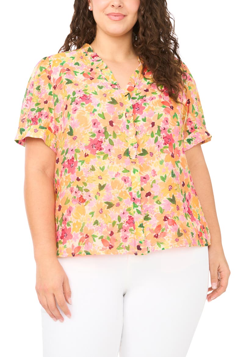 Floral Ruffle Placket Button-Up Top, Main, color, CLARET RED